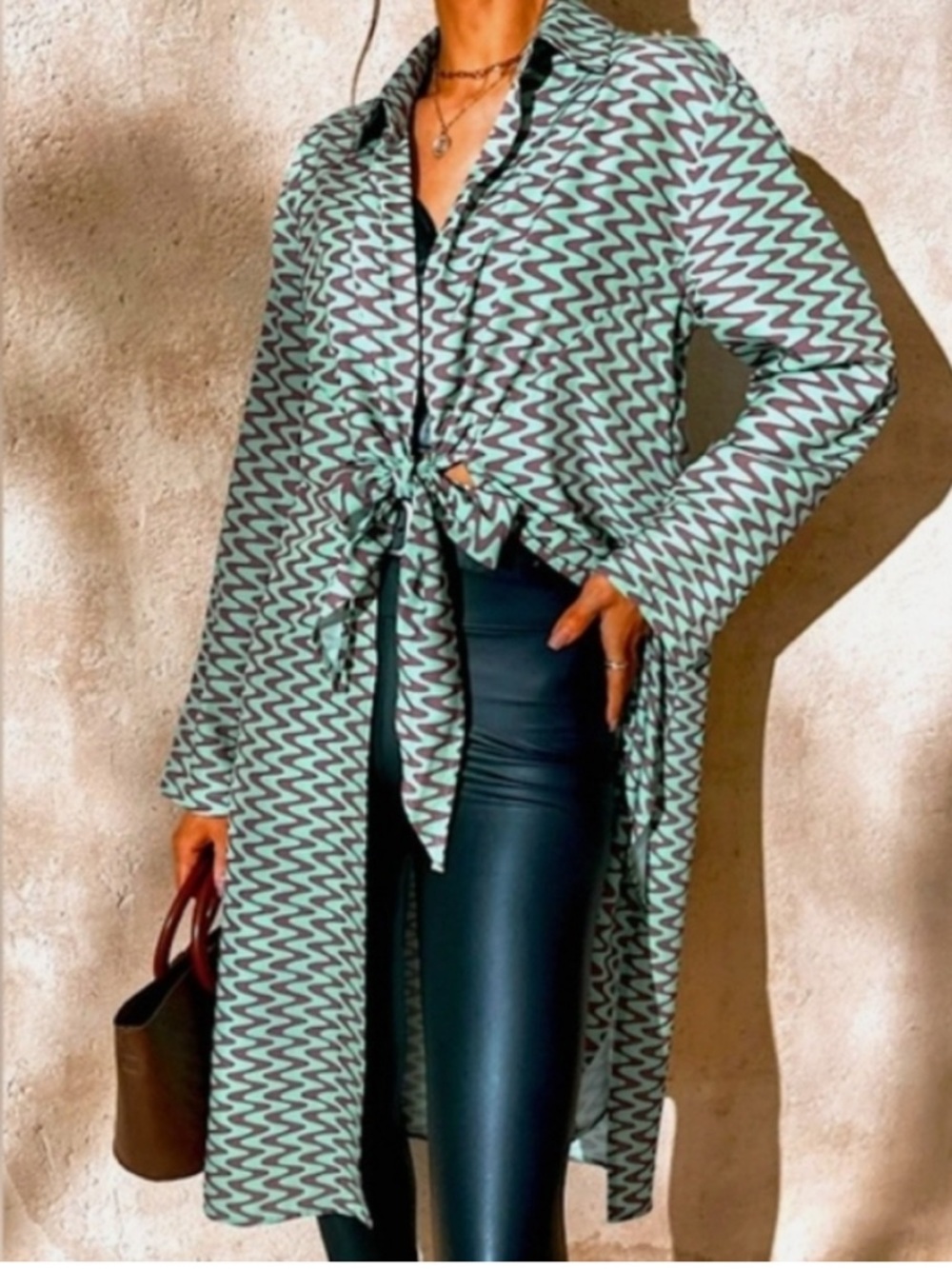 Zara Mint and Black Zigzag Tie-Front Tunic Shirt Swim Coverup Size M NWT